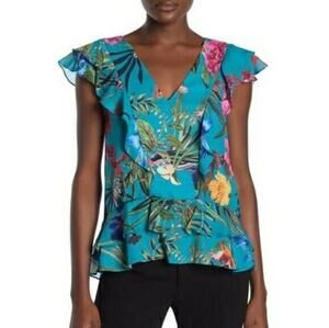 Parker Tropical Floral Ruffle V-neck Short Sleeve Blouse NEW Women's Large